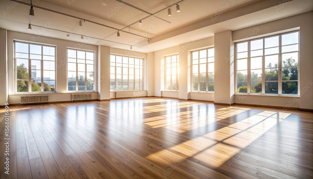 Fototapeta premium Bright and Spacious Empty Room with Large Windows and Wooden Floor