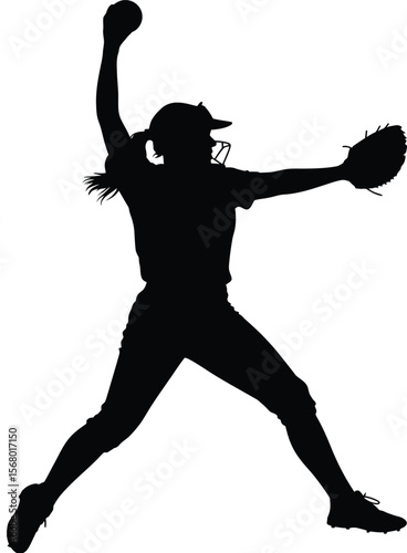 Dynamic Female Softball Pitcher Silhouette Vector Illustration

