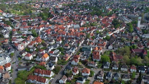 Aerial view around the old town of the city Bad Salzuflen on a sunny sunny spring noon in Germany.