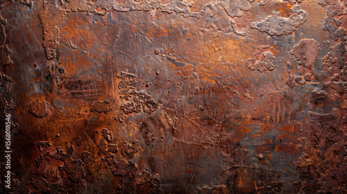 Tarnished metal plate with layers of fading and stains, showcasing rich texture and warm tones. surface displays intricate patterns and weathered appearance, evoking sense of history and character