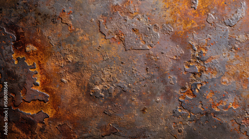 Textured steel surface with grime, rust, and oil smudges creates rugged and industrial aesthetic. rich colors of orange and brown evoke sense of age and wear