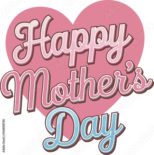 Happy mothers day text with heart background, 3d pink script, festive greeting, modern celebration, love for mom illustration