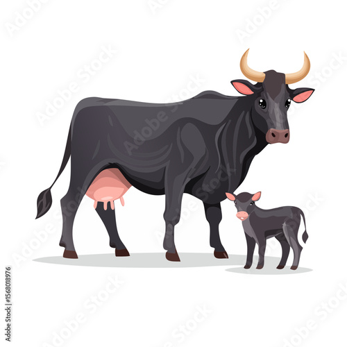 Cartoon cow with calf on a black background