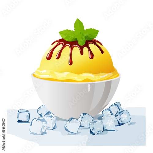 Delicious Mango Ice Cream Sundae with Chocolate Sauce and Mint Topping