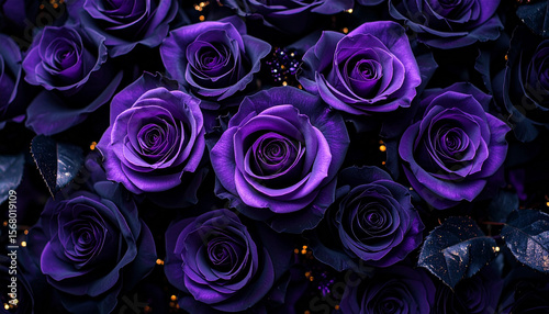 Fototapeta Naklejka Na Ścianę i Meble -  上品な紫のバラが彩るダークフローラル背景 − ドライフラワー調の落ち着いた高級感薔薇
Elegant Purple Roses on Dark Floral Background – Sophisticated Dried Flower-Inspired Luxury Texture