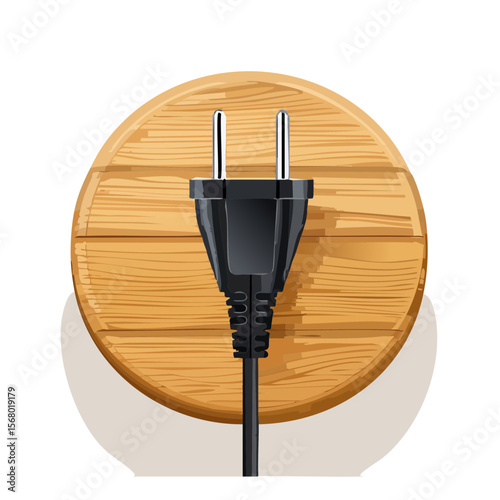 Black Electrical Plug with Cord on Wood Panel Background Illustration
