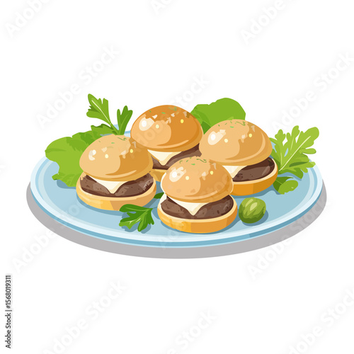 A plate of delicious sliders with melted cheese and fresh greens illustration