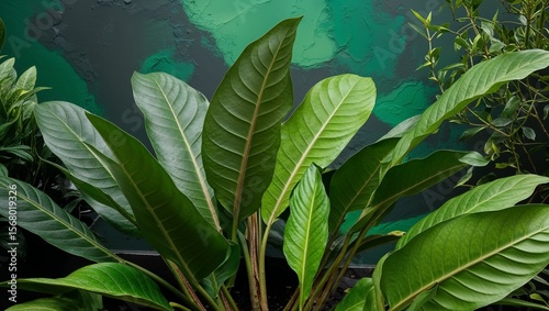 Vibrant green leaves shimmering against a textured backdrop.