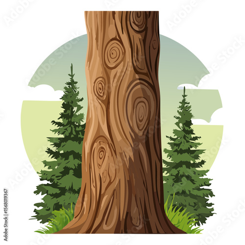 Cartoon Redwood Forest Scene with Evergreen Trees and Grassy Floor