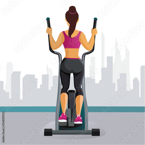 Woman working out on an elliptical machine in a city gym