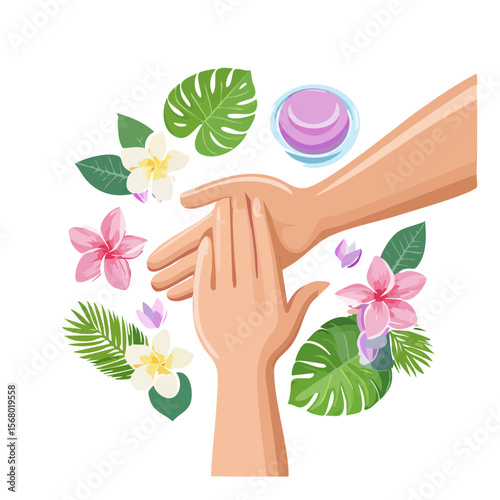Relaxing spa massage with flowers and oils, tropical theme, vector illustration.
