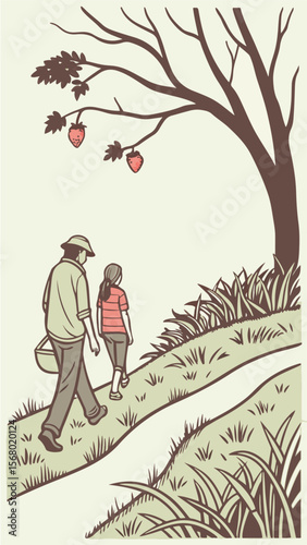 A romantic vector silhouette of a loving couple kissing under a tree in a park at sunset, illustrating the happiness of people in nature
