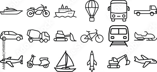 Transportation icons with airplane, ship, scooter, car, rocket, balloon, bicycle, excavator, van, cement mixer