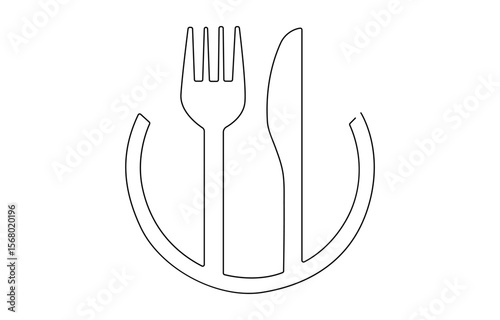 Spoon fork place mat one line drawing continuous, One line art illustration of knife and fork isolated on white background, Hot Soup Bowl continuous one line drawing.