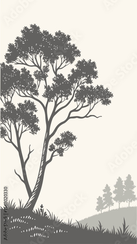 Tree silhouette vector illustration showing a single tree with branches and leaves in a natural forest setting