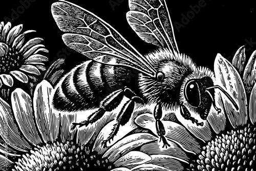 A detailed honeybee hovering over a sunflower, perfect for nature education, eco-branding, or food industry designs vector a black and white line art illustration