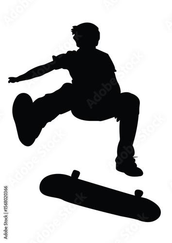 The image depicts a silhouette of a person performing a trick on a skateboard. Skateboar ding is both a recreational activity and an action sport involving tricks on a skateboard. 