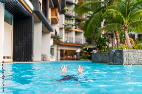 person is drowning and raises his hand to ask for help or drowning child or kid and people cannot swim to deep water and raise two hands to request for help on children swimming pool and near death