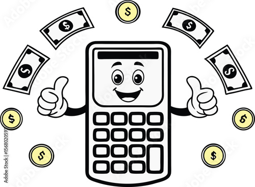 Cartoon calculator with dollar coins and money making a point silhouette black vector illustration