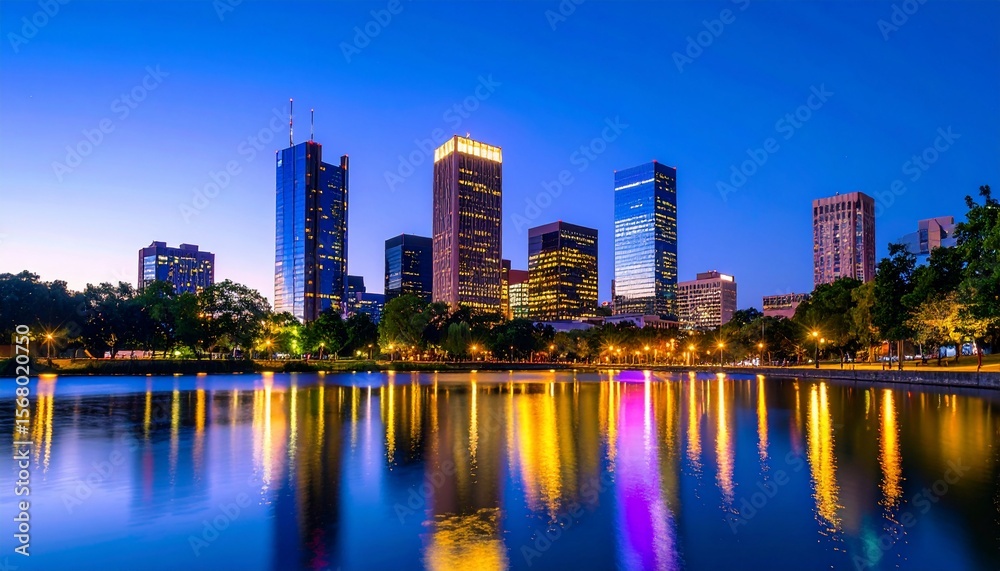 Naklejka premium Night Lights Reflecting on City Skyline