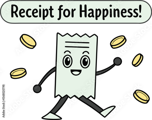 Cartoon receipt figure celebrating with falling coins and happiness message silhouette black vector illustration