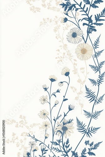 A decorative border design featuring a series of stylized floral and botanical elements--a mix of daisies, vines, and ferns--drawn in continuous line style.