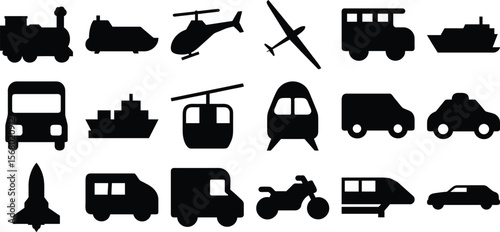 Transport icon set with train, bus, van, rocket, boat, glider, helicopter, cable car, truck, car, bike. vector illustration.
