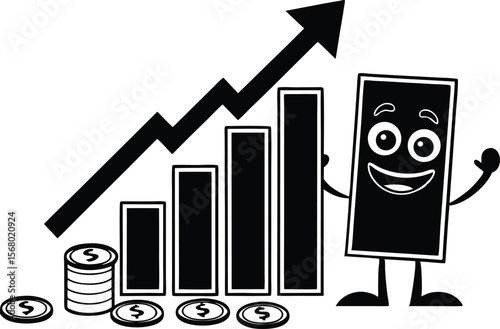 Cartoon figure showing an upward trend in growing business income silhouette black vector illustration