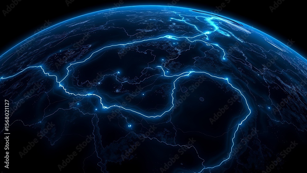 Obraz premium Ancient oceanic currents visualized as glowing blue veins on a dark planet, revealing hidden flows.