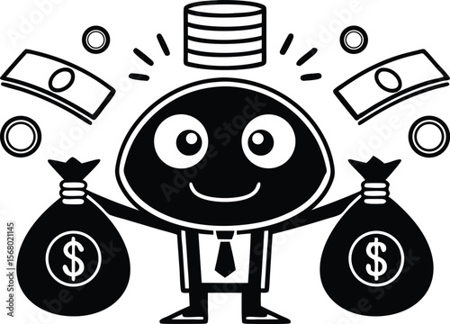 Cartoon character with money bags and coins representing financial success silhouette black vector illustration