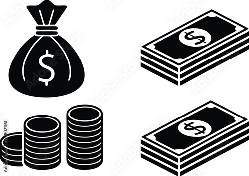 Money themed financial icons representing monetary value and currency wealth silhouette black vector illustration