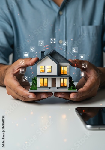 Person holding a model house with smart home icons and a smartphone on a white surface nearby