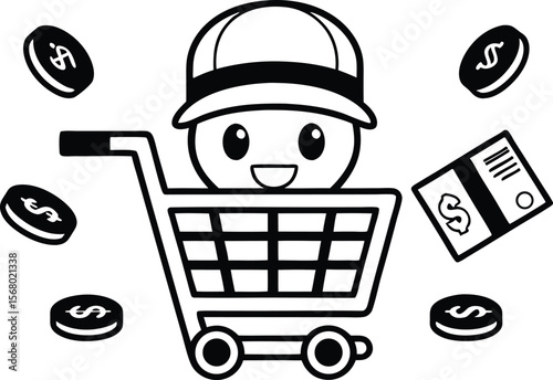 Cartoon character in shopping cart surrounded by money and card silhouette black vector illustration