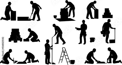 vector silhouette tiler laying tiles on the floor .Generative AI
