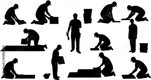 vector silhouette tiler laying tiles on the floor .Generative AI
