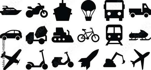 Transportation icon set featuring plane, car, bike, scooter, train, bus, ship, truck, rocket, and excavator symbols