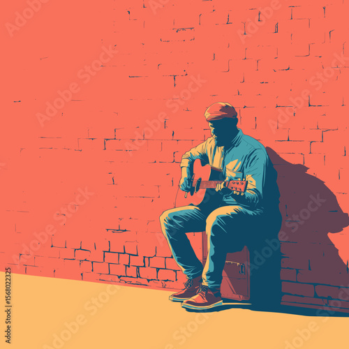 Stylized illustration of a street musician playing acoustic guitar against a brick wall, pop art style with strong shadows and vibrant colors