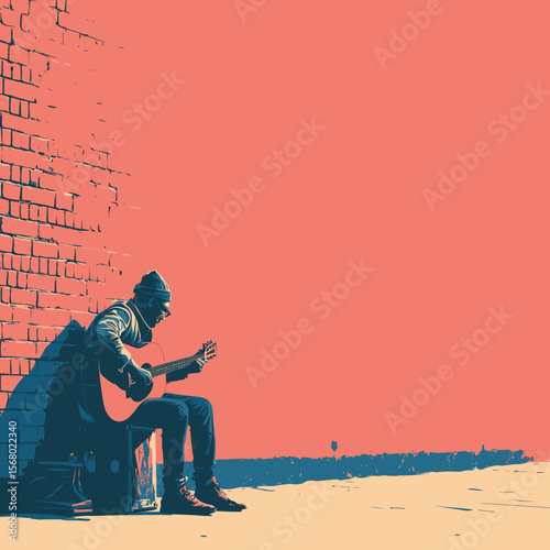 Urban street musician playing guitar against a brick wall, pop art style digital illustration with strong contrast and minimalist background