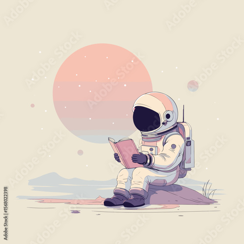 Cute astronaut reading a book on a pastel alien world, soft-colored sci-fi illustration symbolizing imagination, solitude, and discovery