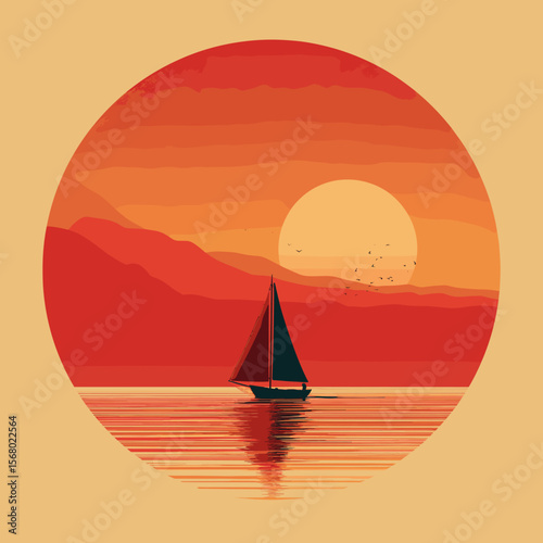 Sailboat on calm water during vibrant orange sunset, minimalist seascape illustration with mountains and birds in a tranquil circular composition