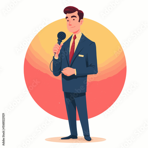 Confident male presenter in suit holding microphone, professional journalist or TV host character illustration, media interview and broadcasting concept