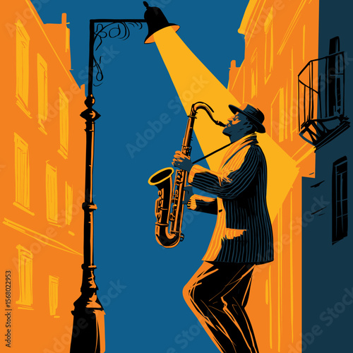 Jazz musician playing saxophone under streetlight, retro urban night scene in vibrant colors, vintage music performance illustration