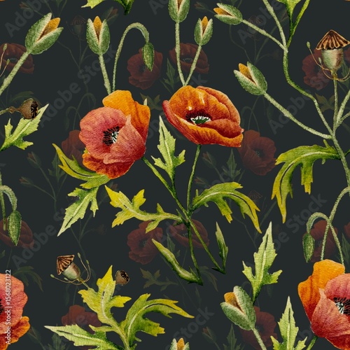 Fototapeta Naklejka Na Ścianę i Meble -  Seamless pattern with red poppies hand painted with watercolor on paper