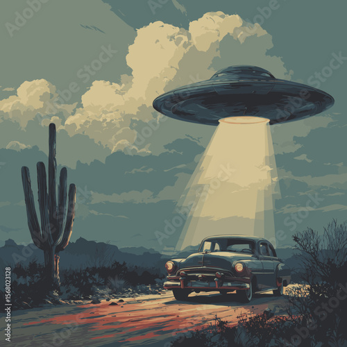 Vintage car under UFO spotlight in desert at night, retro sci-fi illustration with dramatic clouds and cactus landscape, alien encounter concept art