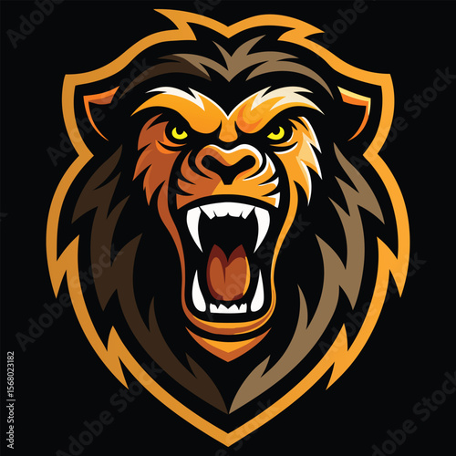 Fierce roaring lion head mascot logo with sharp teeth and glowing yellow eyes aggressive animal face powerful predator symbol isolated on transparent background