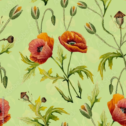 Fototapeta Naklejka Na Ścianę i Meble -  Seamless pattern with red poppies hand painted with watercolor on paper