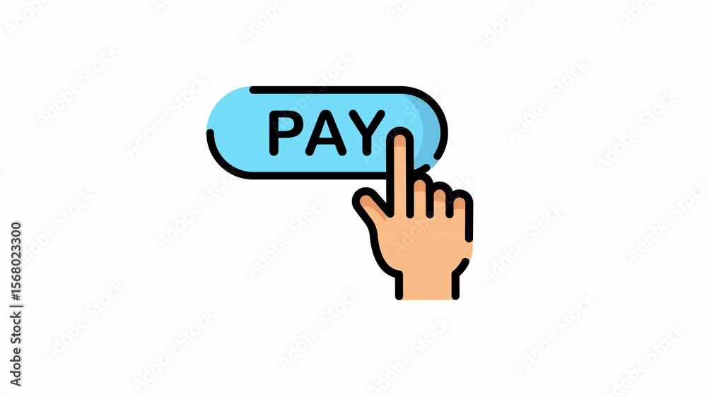 Animated hand icon clicking a blue pay button, suitable for online shopping and digital payments.
