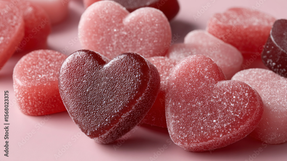 Obraz premium Heart shaped gummy candy with sugar coating in romantic pink and red tones, evoking sweet and joyful feelings