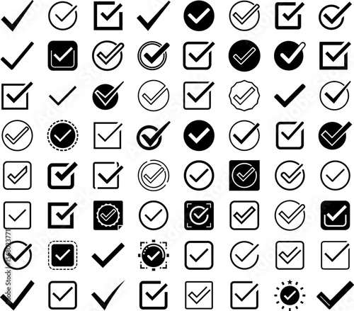 Mega Set of Check Mark Icons – Variety Pack Vector:
A large assortment of varied check mark icons in round and square styles, ideal for designers seeking a comprehensive set for digital projects.