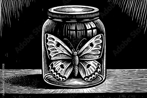 A glass jar filled with preserved butterfly, ideal for natural science illustrations, vintage decor, or surreal concepts a black and white line art illustration